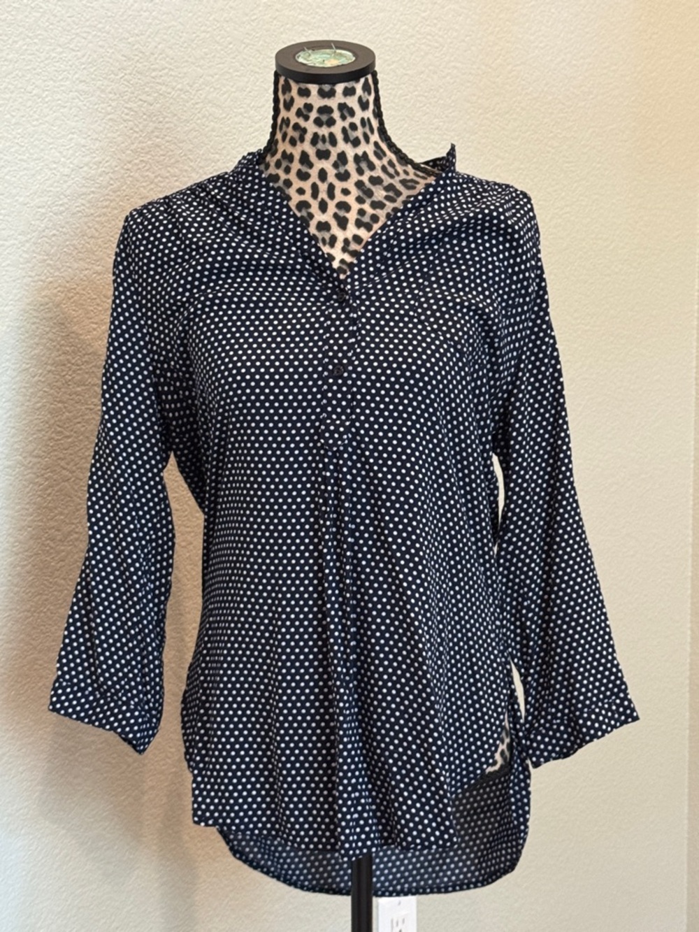 Market & Spruce Navy and White Polka Dot Button-Front Blouse